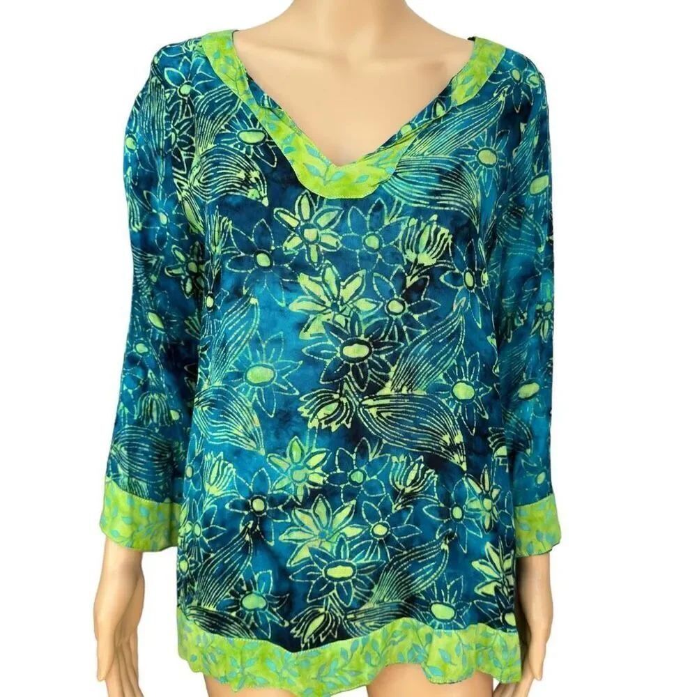 Soft Surroundings Anaisha Tunic Blue Lime Green Floral Tie Dye size PS